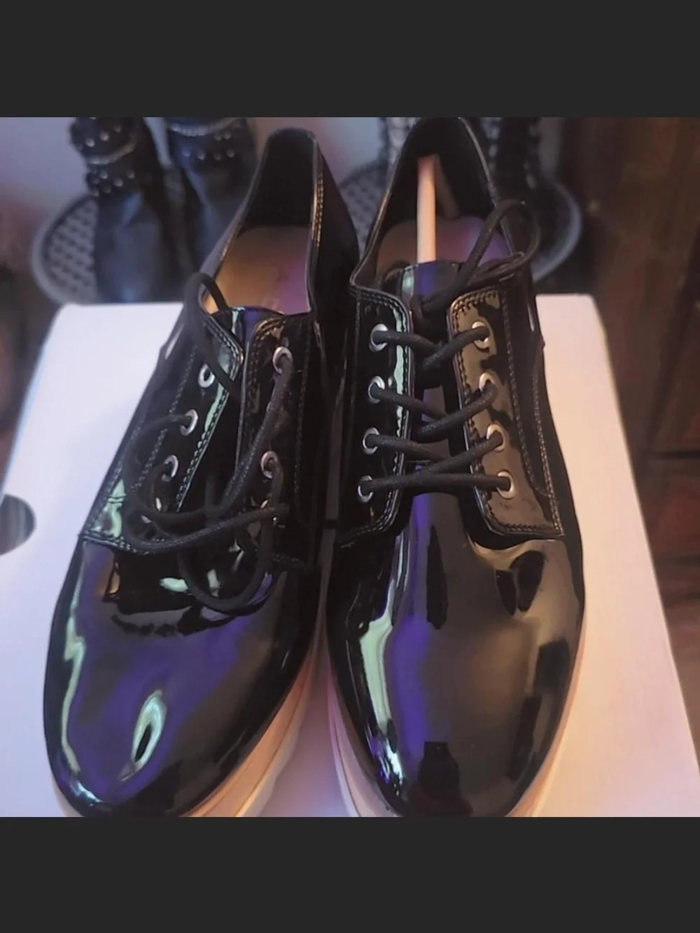 NWT ALDO Vellezzo Black Patent Platform Wedge Oxfords - Size 9